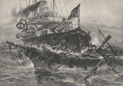 An American man of war destroying derelicts in the Atlantic by Stoewer Willy